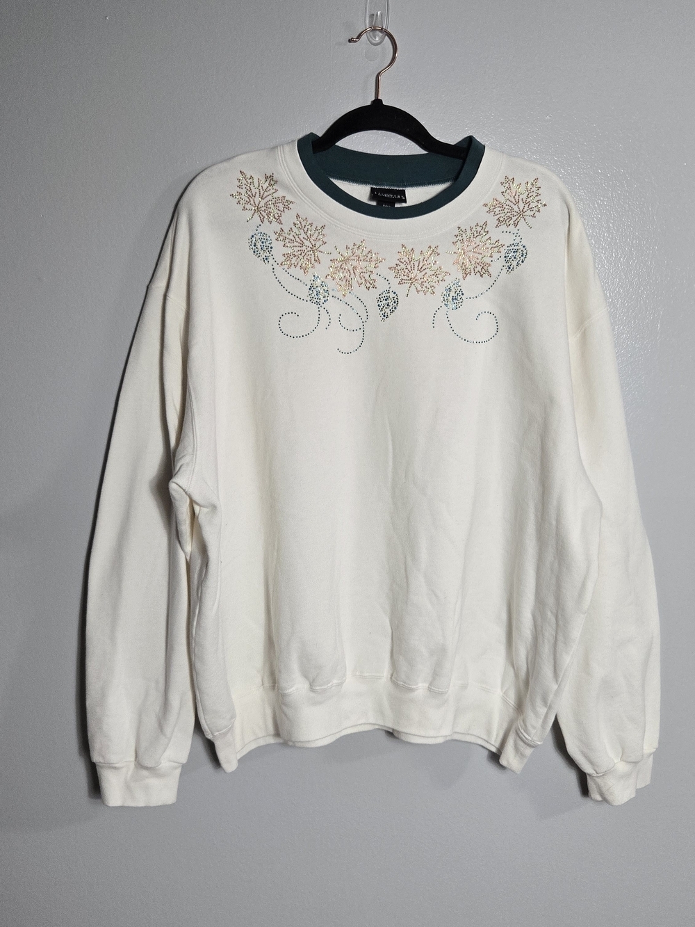 Vintage Morning Sun Cream Teal Double Collar Autumn Maple Leaf Sweatshirt 2X